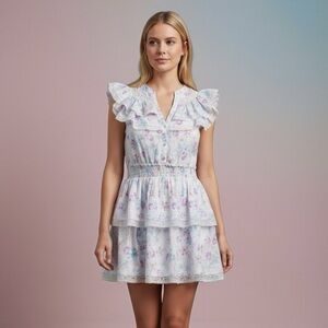 LoveShackFancy Floral Ruffle Mini Dress Smocked Waist Cottagecore XL